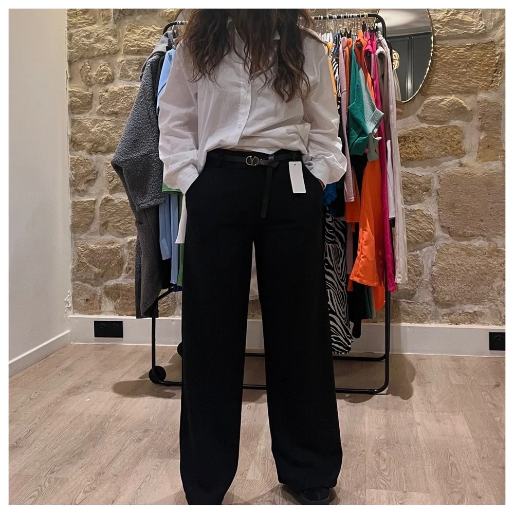 22 Made In Italy Chic BLACK Wide leg belted pants - Picture 3 of 4